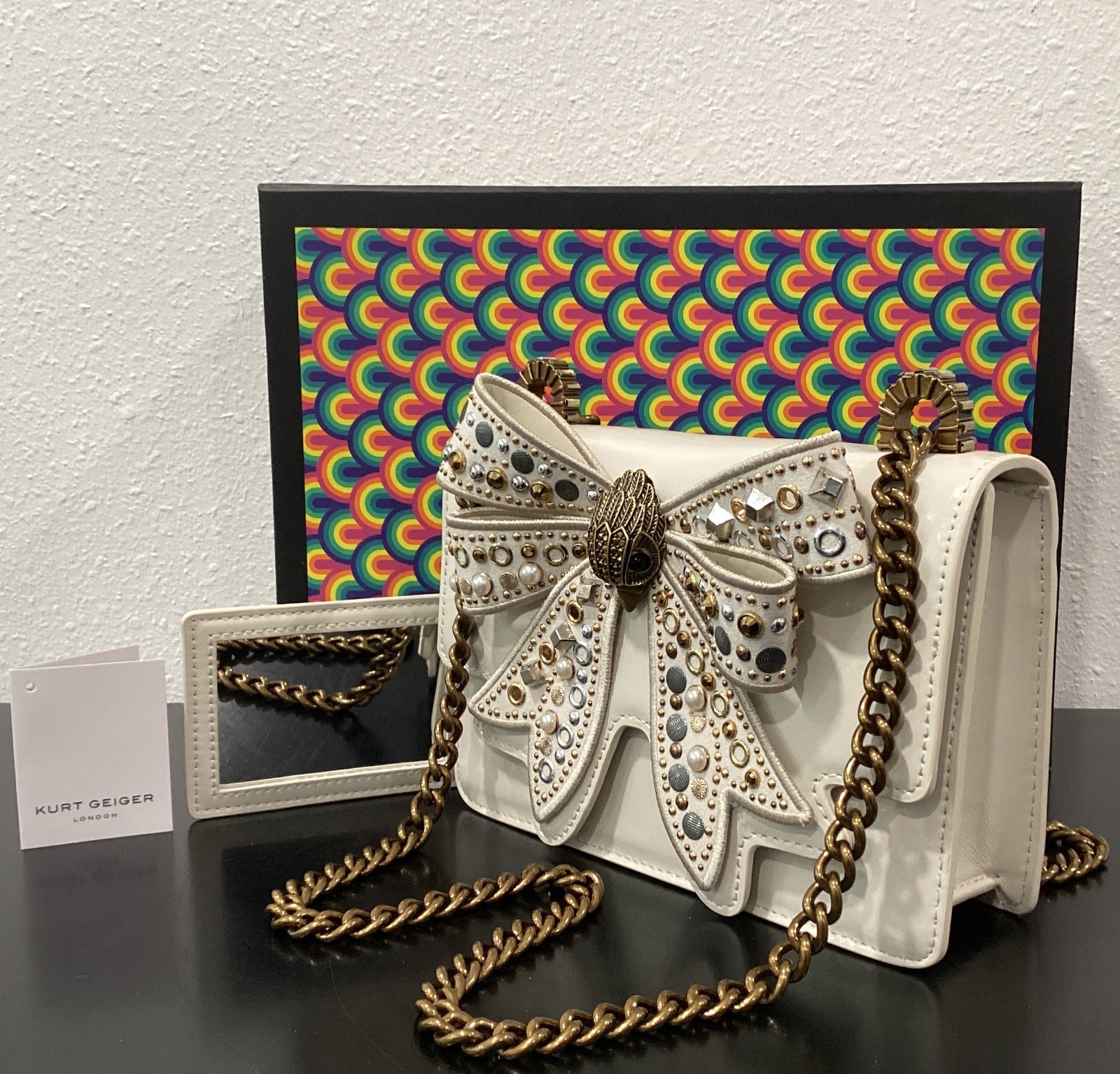 Kurt Geiger Small Shoreditch Bow Bone Leather Gems Studs 7.75″x5″x2.25″ Boxed