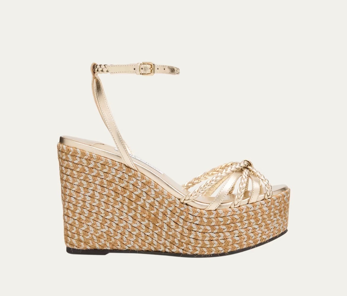 Jimmy Choo Dree 100MM Espadrilles Women US7 EU37 Metallic Soft Gold Wedge Sandal