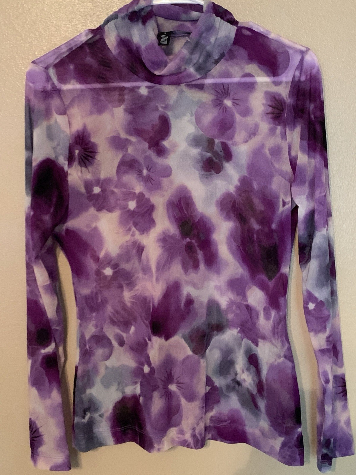White House Black Market Purple Floral Mesh Long Sleeve Top Semi Sheer Size S