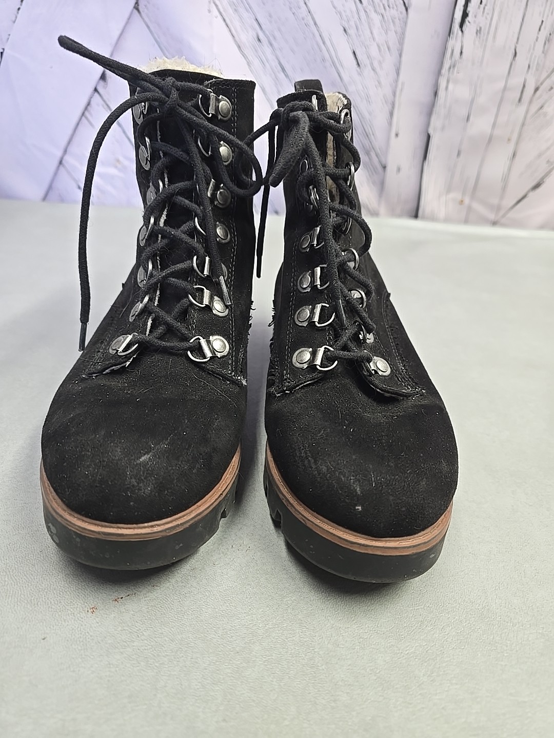 Cliffs Hiking Boots Black Faux Suede Size 9.5 M Wmns Lace Up Rugged Rubber Tread