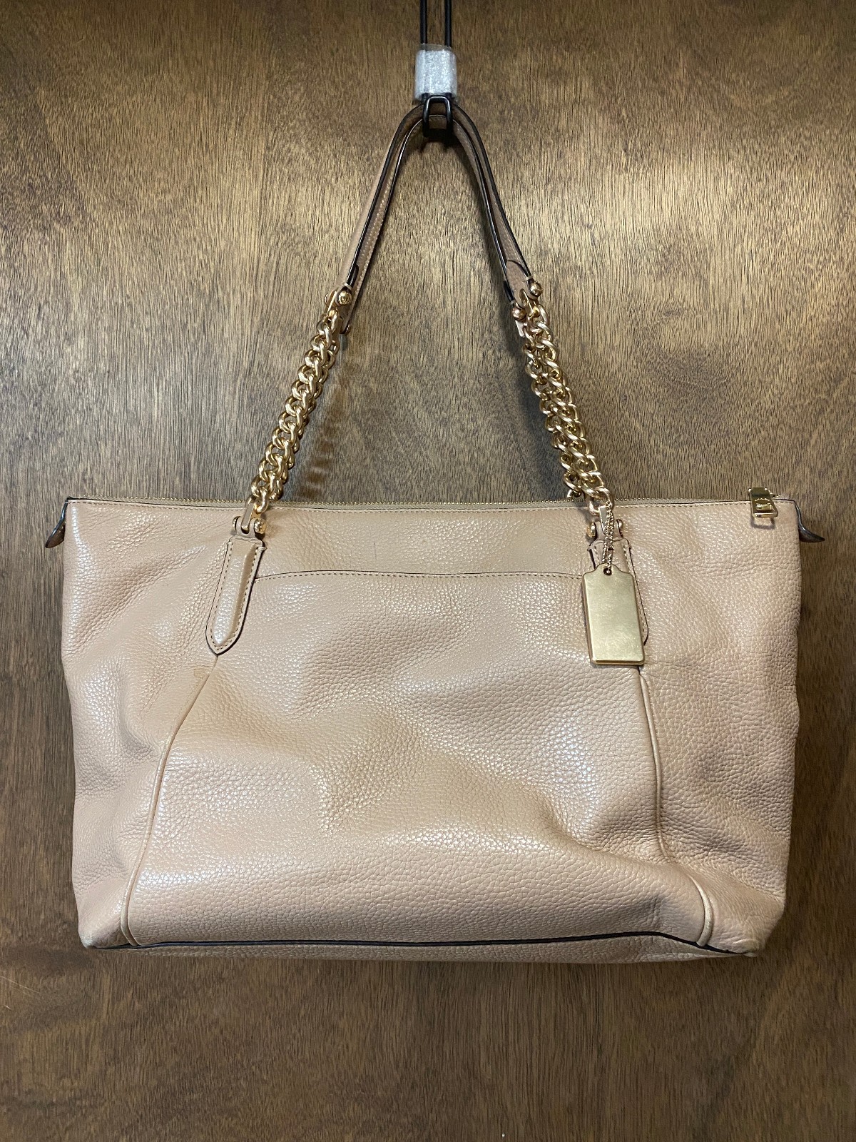 Coach Ava Chain Leather Tote Handbag Beige Shoulder Bag Purse 87775