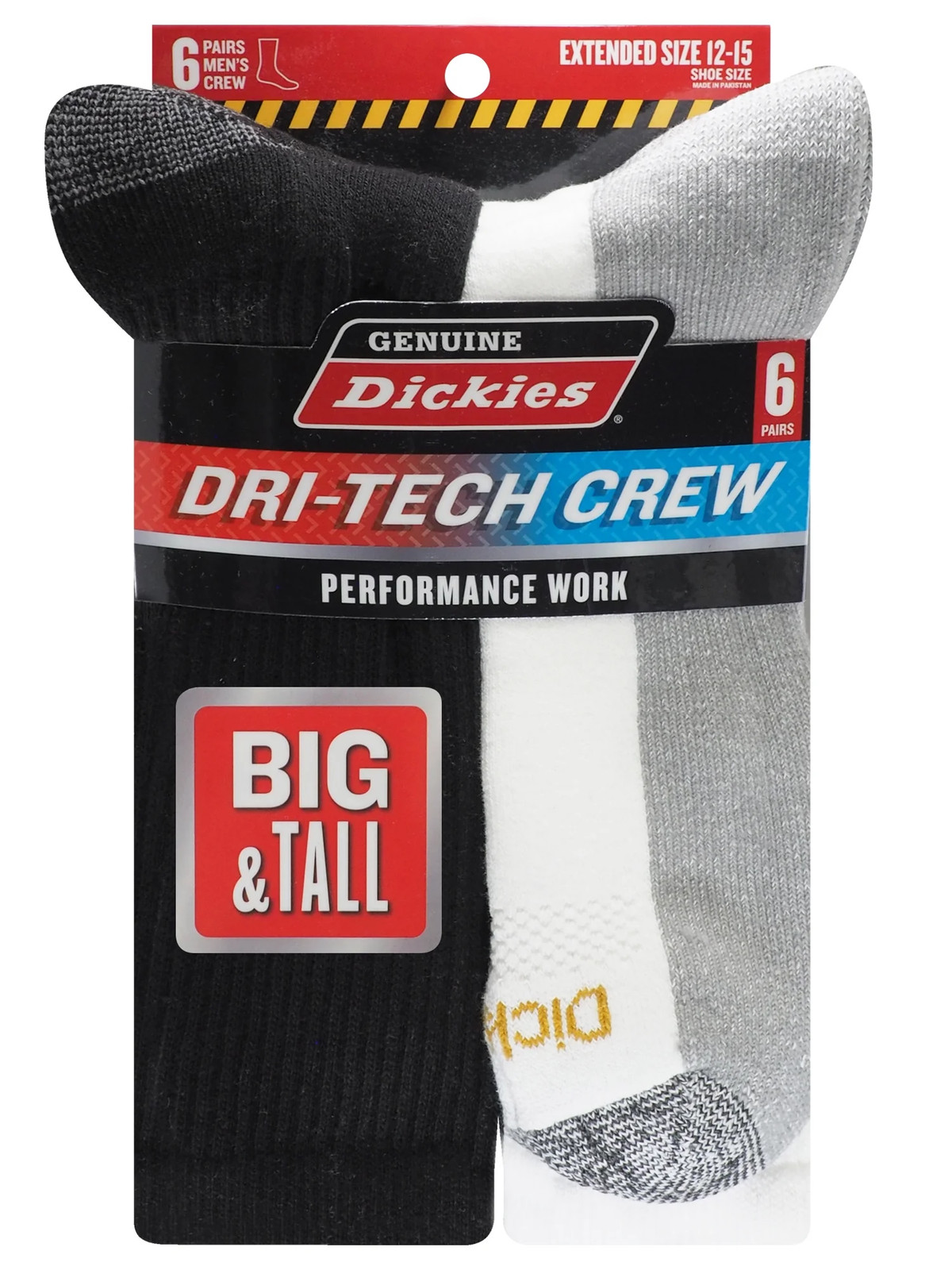 Dickies Men’S Dritech Crew Sock, 6 Pack Black/White Size 12-15