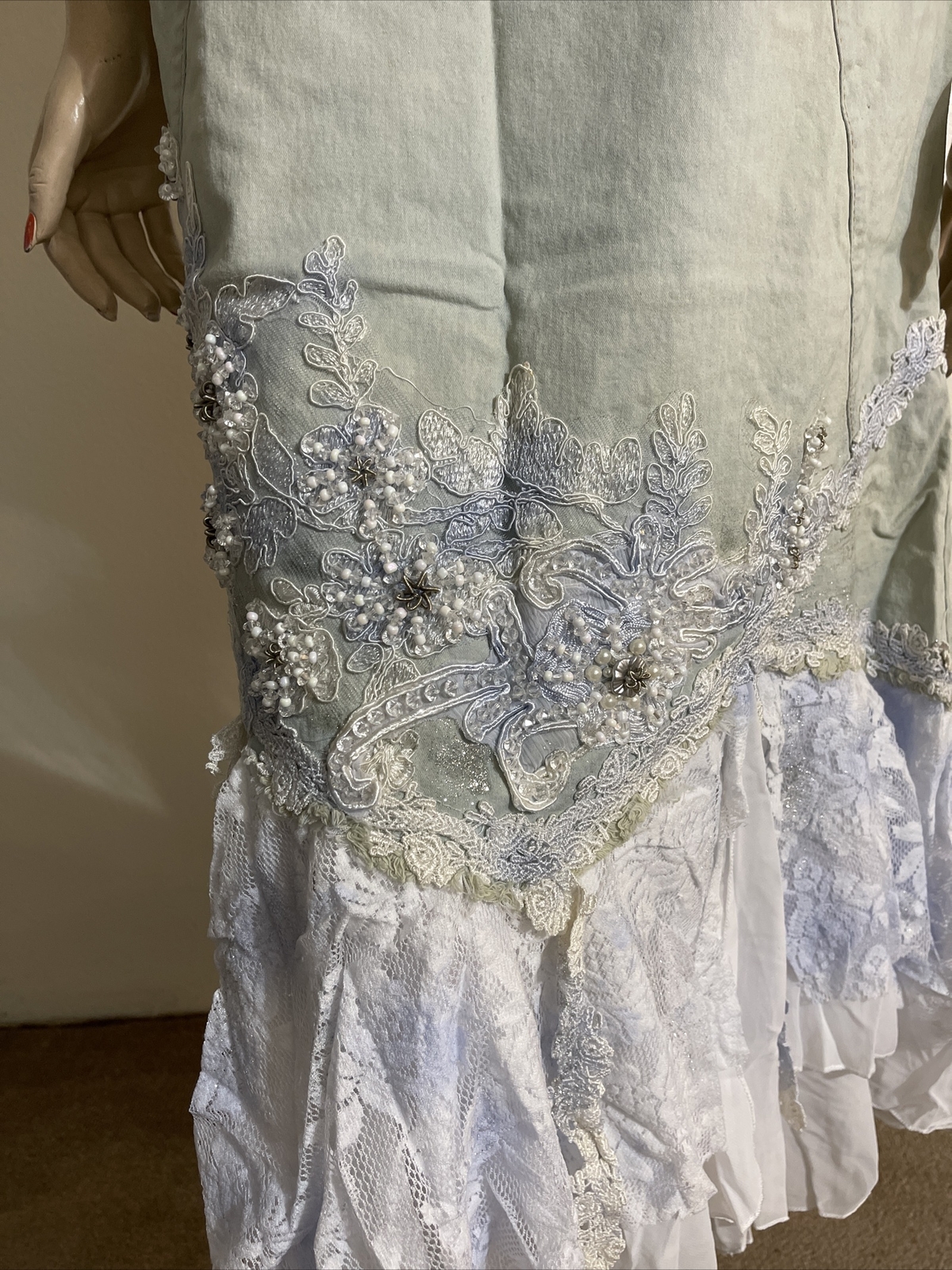 Light Blue White Denim Hippie Boho Beaded Embroidery Lace Size S(4-6) Skirt 710
