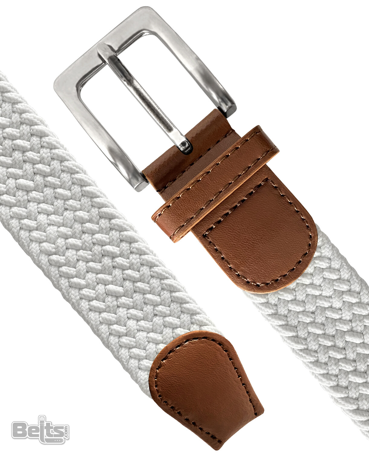 White Stretch Belt Braided Elastic Casual Weave Canvas Fabric Woven Belt 1-3/8″
