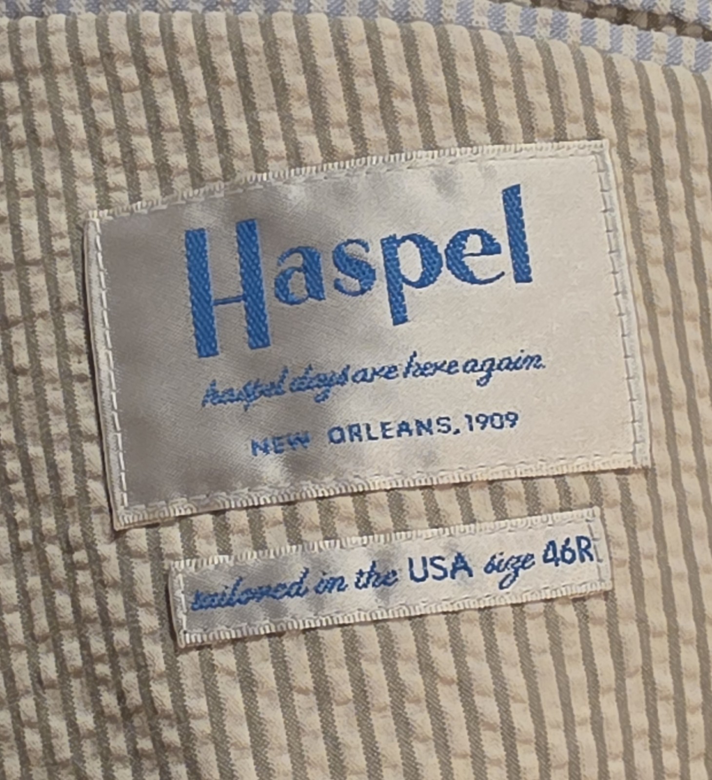 Haspel 2 Piece Seersucker Suit Tan Bisque White Men 46R 34×30 Old Money Southern