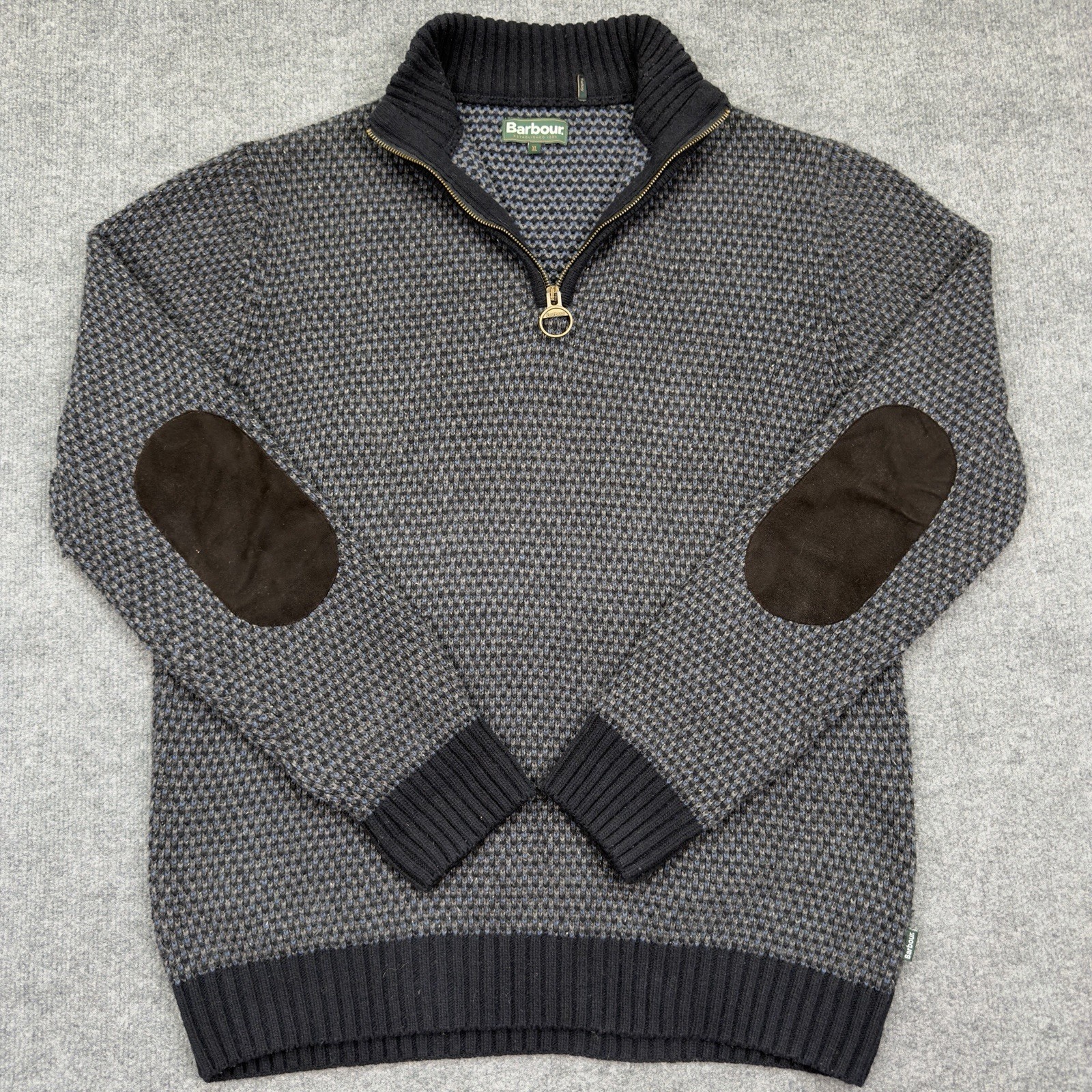 Barbour 1/4 Zip Pullover Mens XL Grey Wool Silk Knit Sweater Leather Elbow Pads
