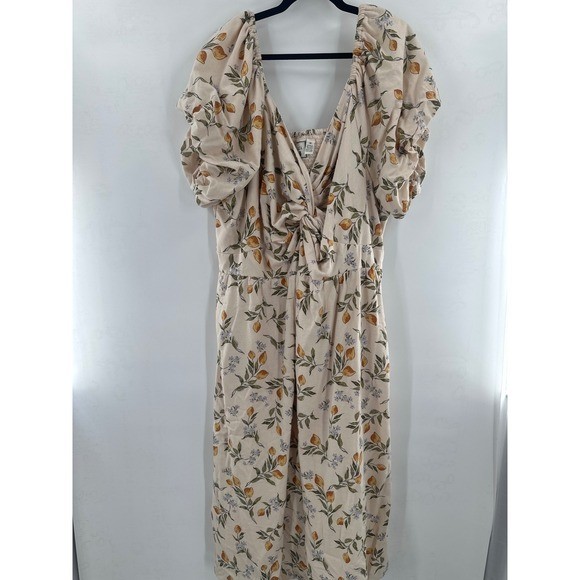 Lea Lemon Print Maxi Dress Twist Front Puff Sleeve Flowy Yellow Blue Cottagecore