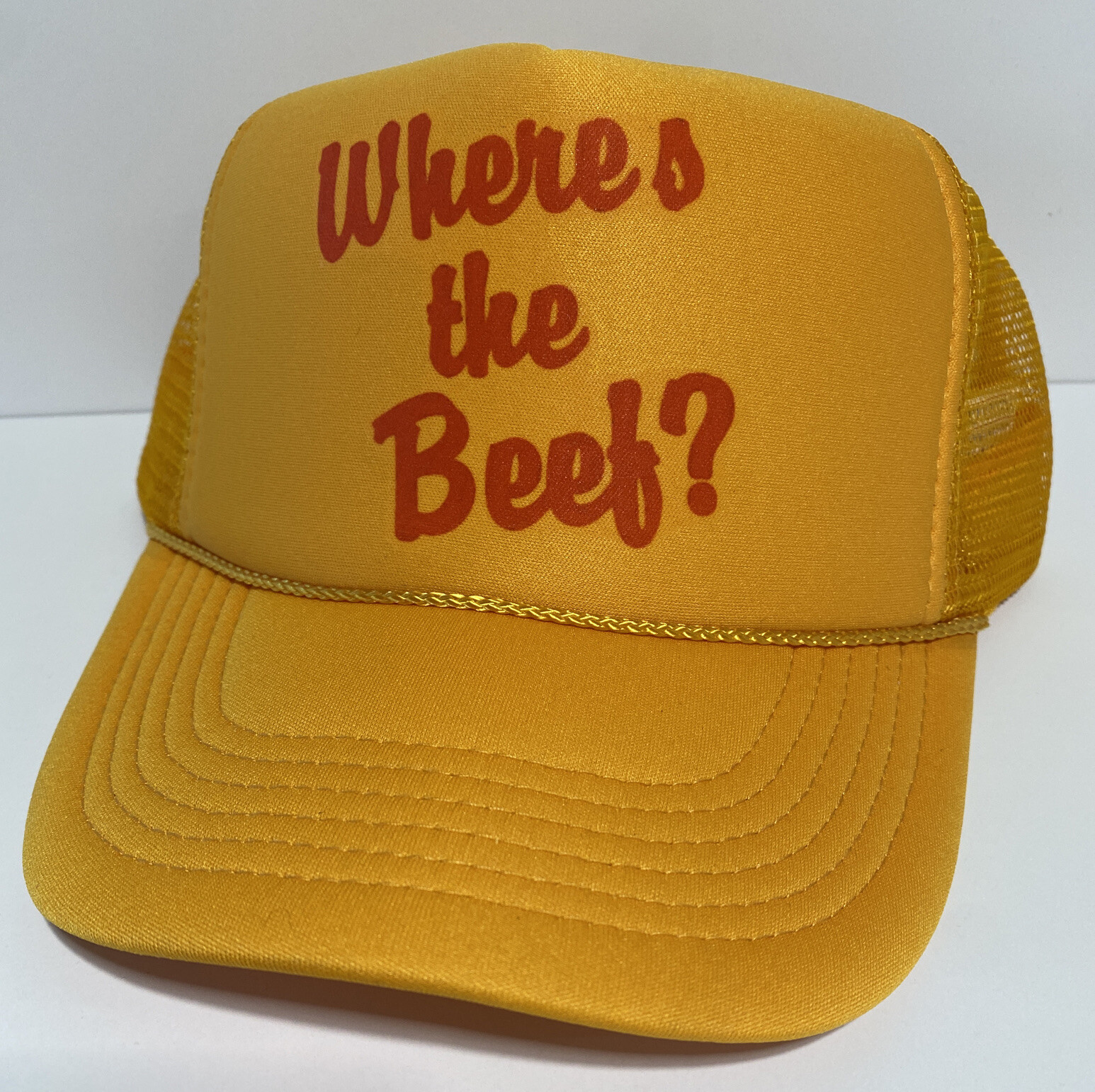 Vintage Where’s The Beef Hat Wendy’s Trucker Hat Adjustable Gold Fast Food Cap