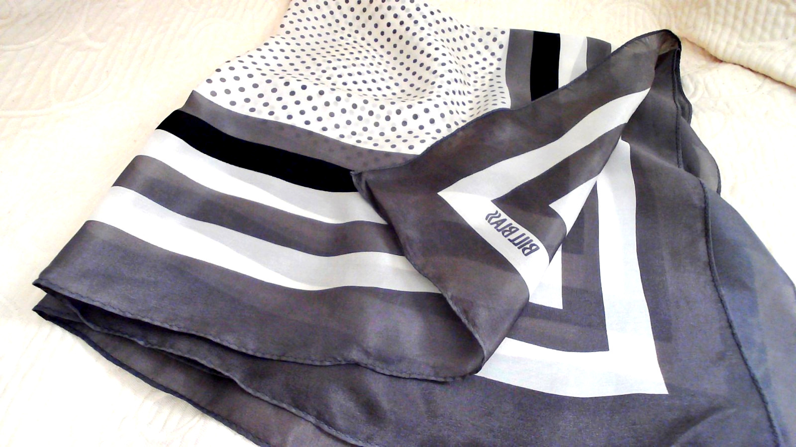 Bill Blass All Silk Scarf 27″ x 28″ Black Gray White Dots Stripes Roll Hem Wt NF