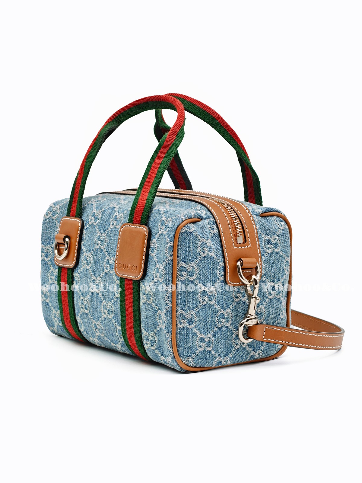 GUCCI Denim Boston Bag Handbag Mini Unisex Blue White 7.9 x 5.1 x 5.1 in