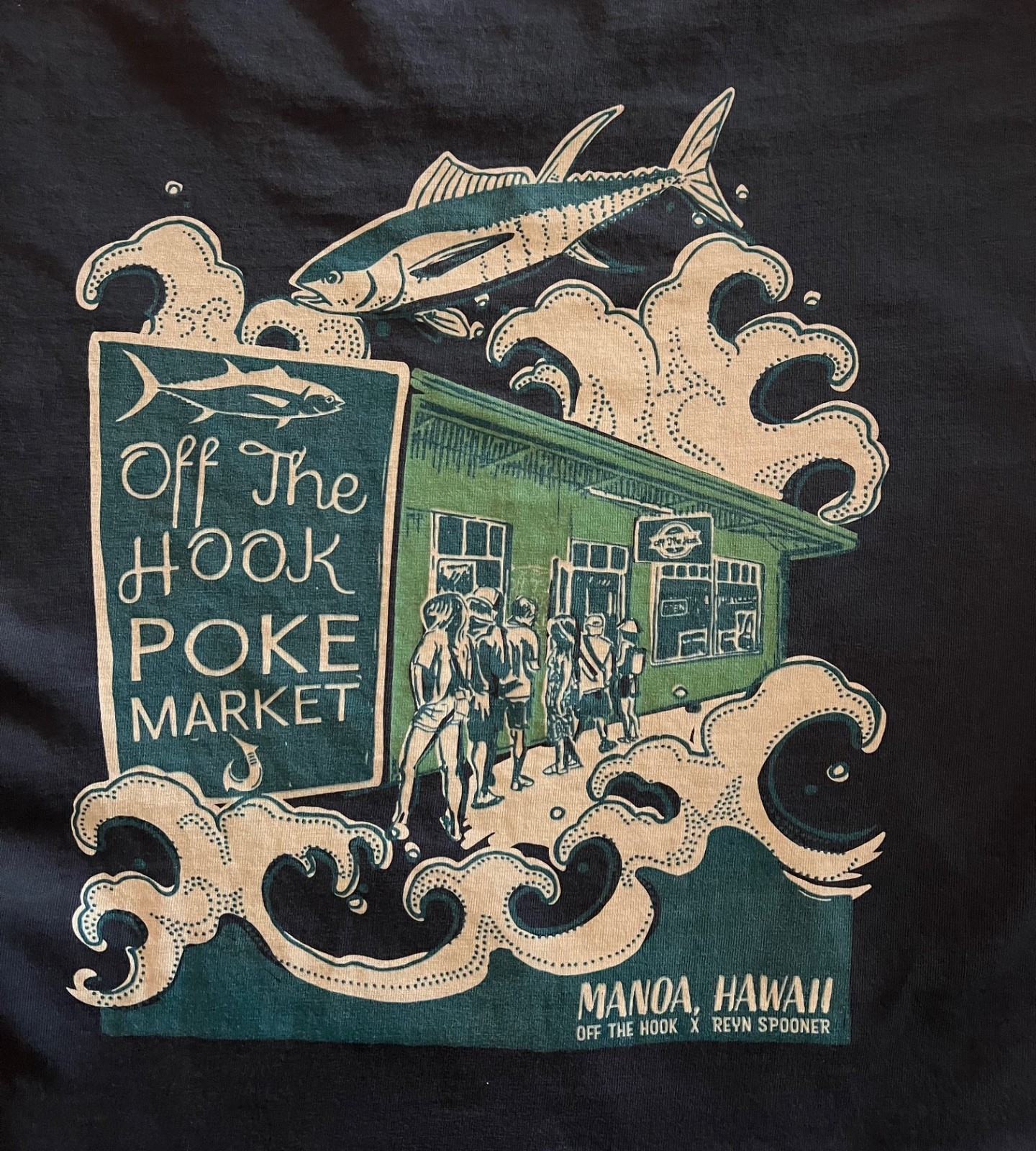 Reyn Spooner Off the Hook Poke Market Blue T-Shirt Mens XL Ltd Issue