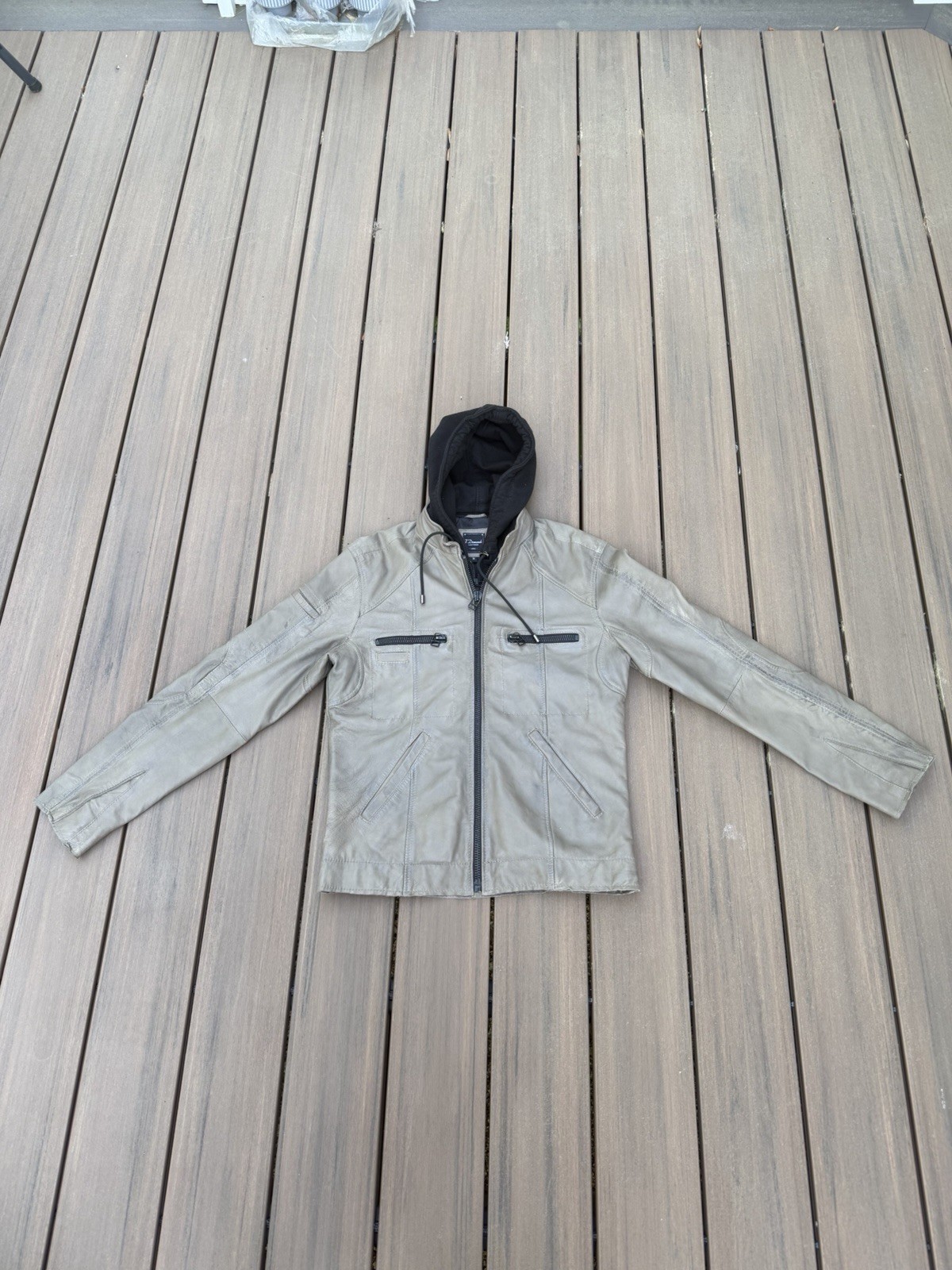 7 Diamonds Men’s Tan Leather Hooded Full Zip Jacket Size M Biker