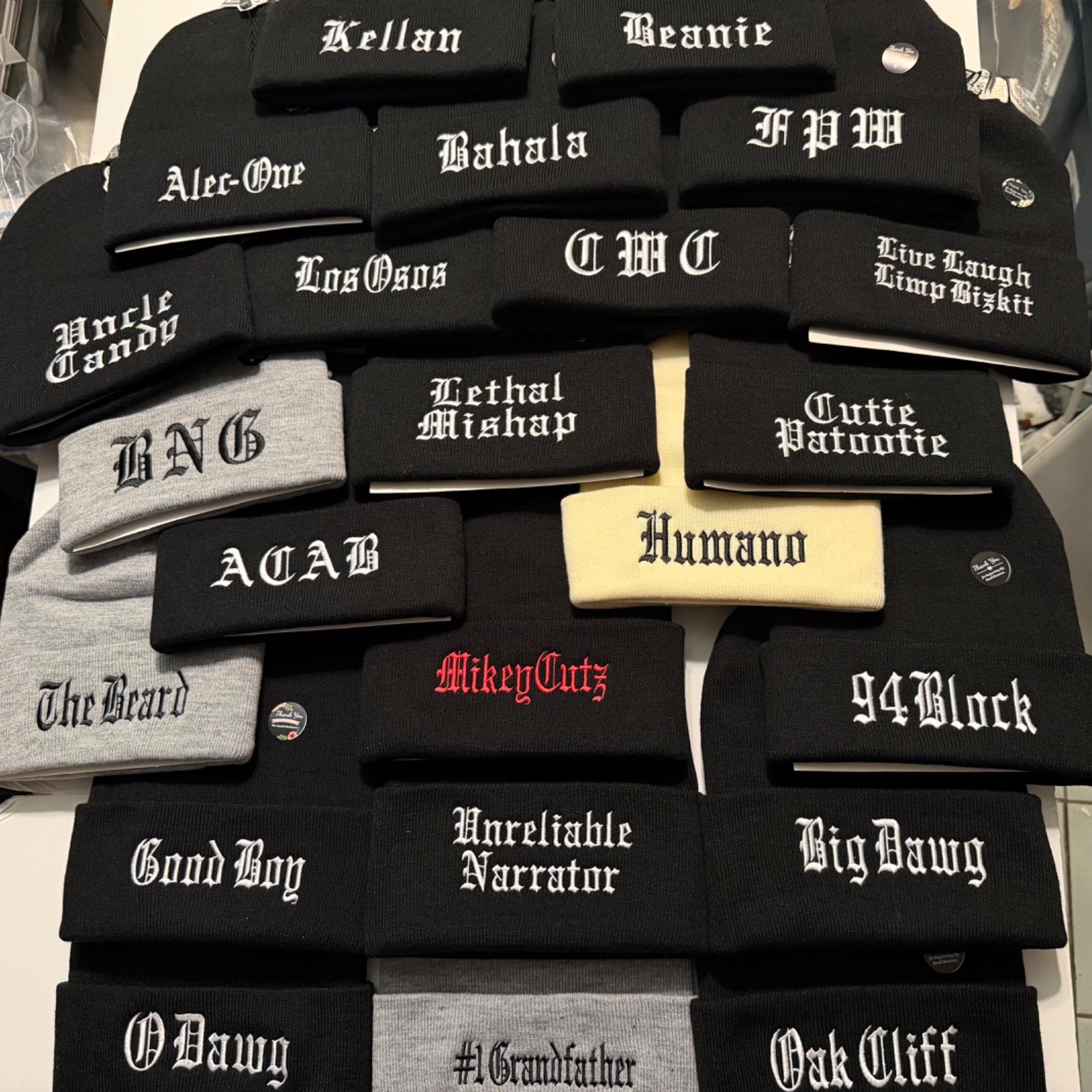 Beanie Embroidered Custom Your Text old English – Stitched your text – gift