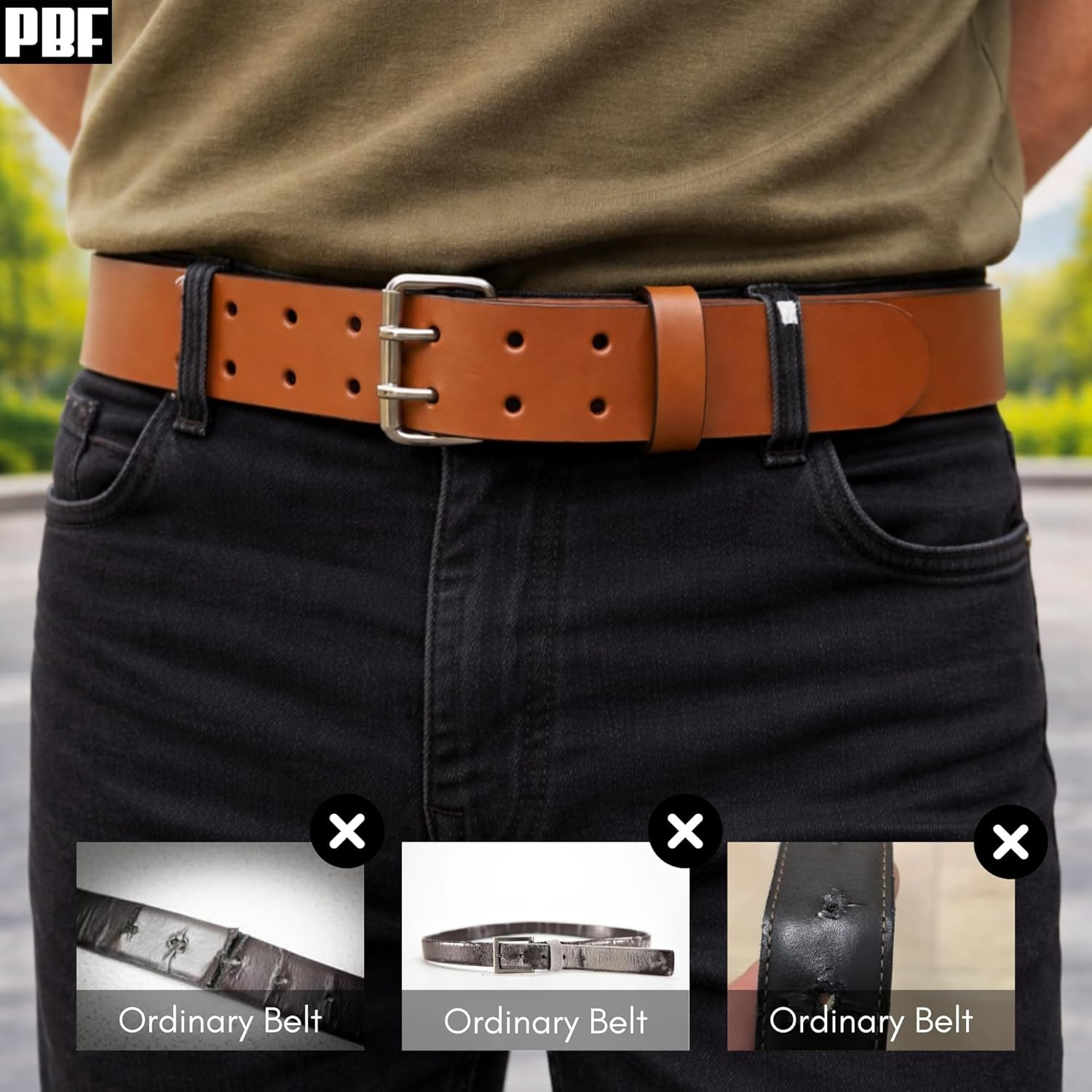 PBF Leather Belts for Men Heavy Duty 1.75 Inch Wide Double Prong, Casual, Full G