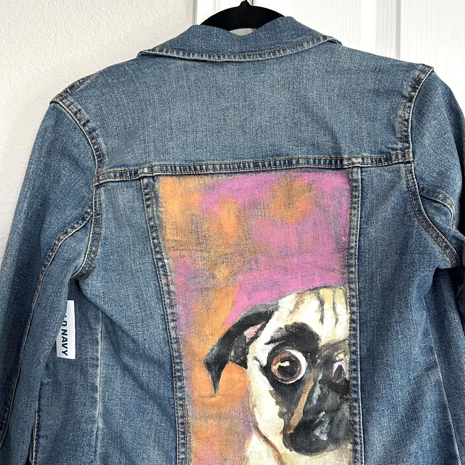 Hand Painted Pug Dog Jean Jacket Womens XS Denim Art to Wear OOAK New w/Tags