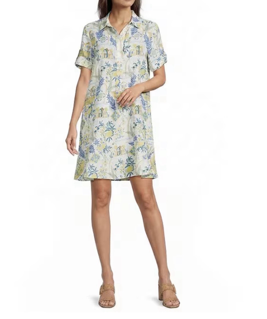 $228 NWT J.McLaughlin Wellesley Printed Shirt Collar Short Sleeve Shift Dress M