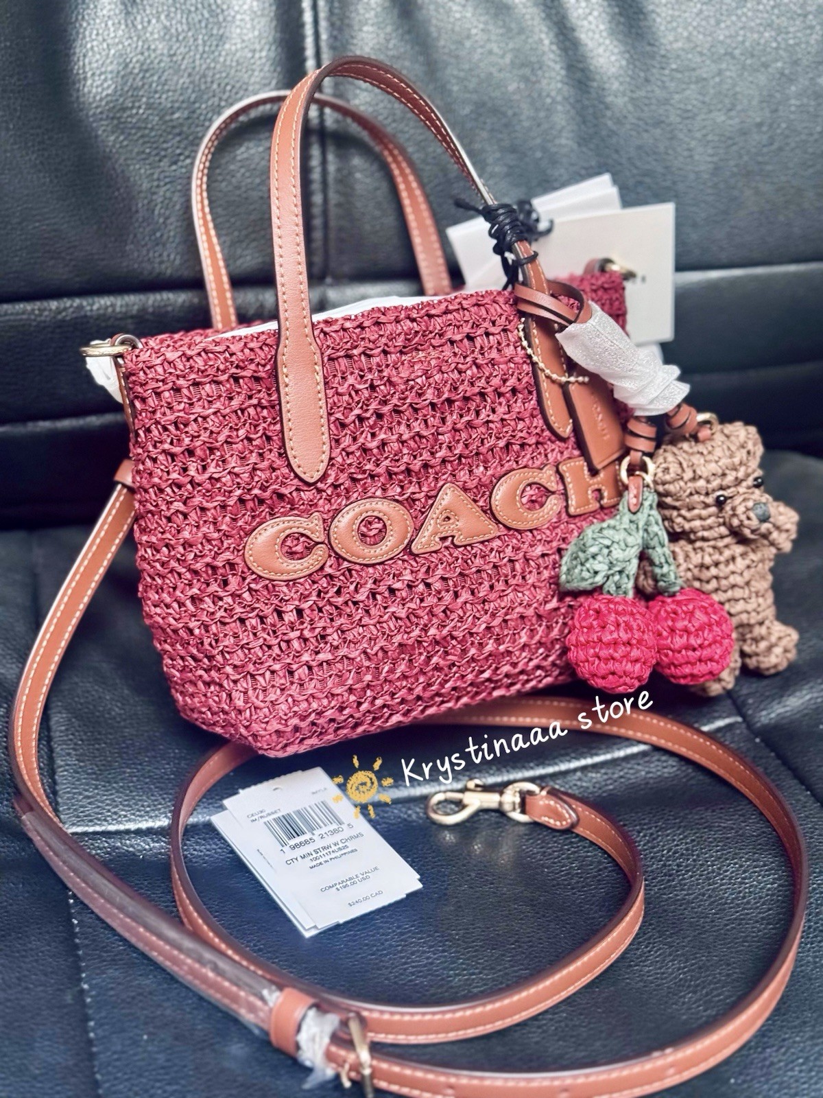 NWT Coach CEU30 City Mini Tote Bag With Charms in straw & Leather Gold/Russet