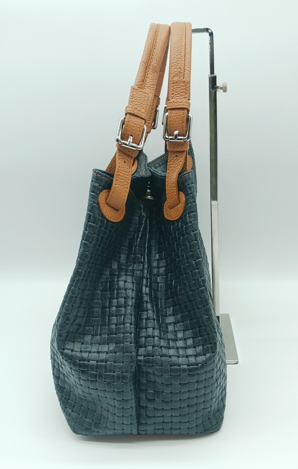 Italian Genuine Leather Shoulder Bag Tote – Made In Italy – Black & Cognac Brown