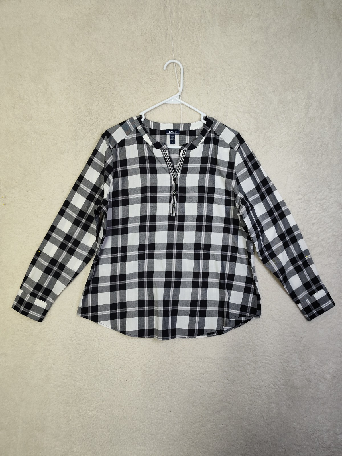 Izod Women Top Large Black Plaid Cotton Blend Long Sleeve Reguar Fit T-shirt