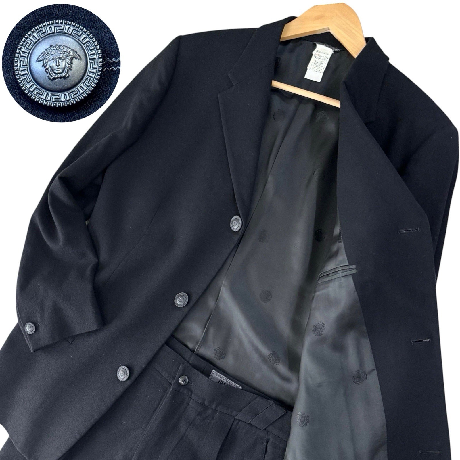 Gianni Versace Vintage Suit Setup Medusa Button Black Cashmere Wool Italy XXL 52