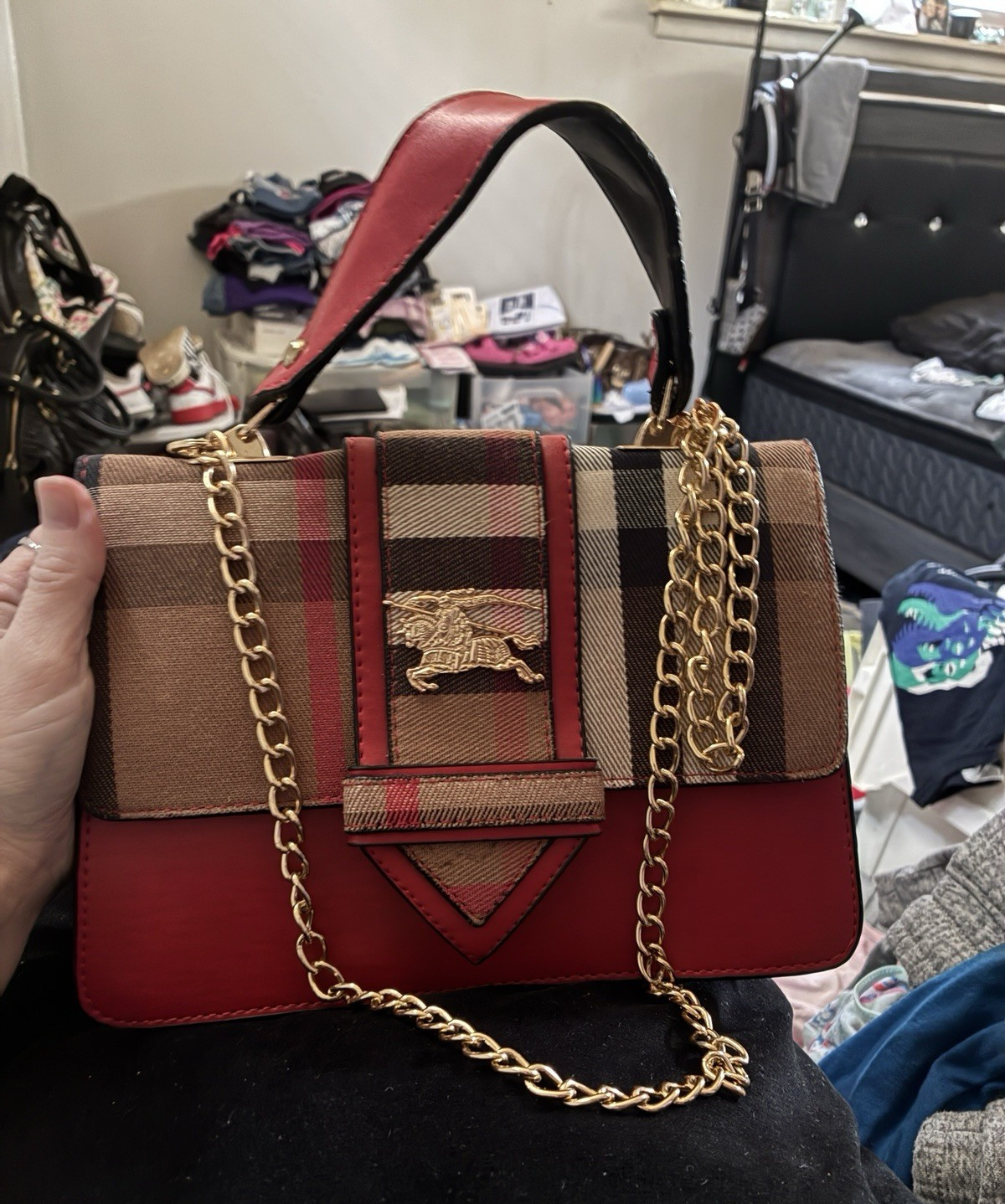 Burberry Red Plaid Top Handle Bag w/ Gold Hardware & Chain Strap, Magnetic