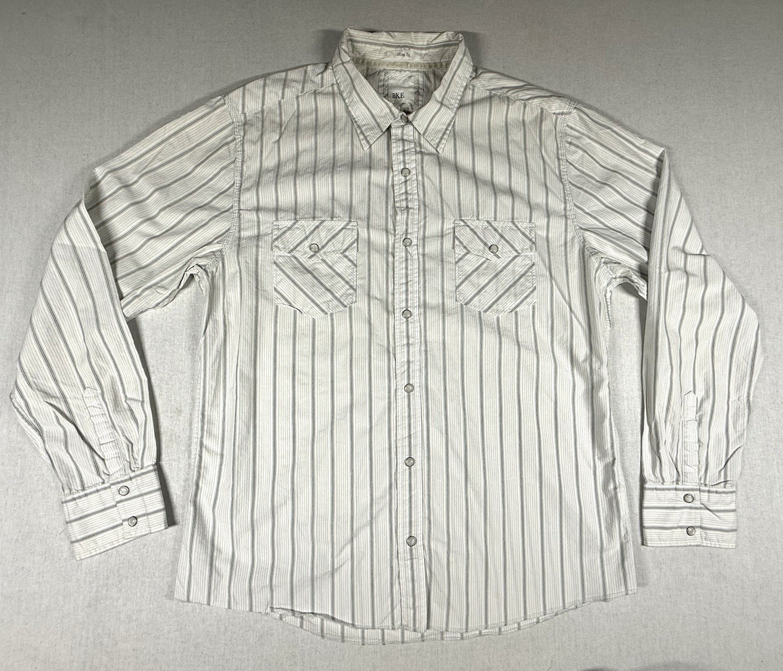 BKE Buckle Pearl Snap Slim Fit Button Down Shirt Men XL Striped White Western