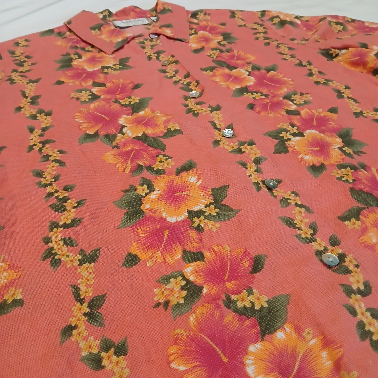 Lemon Grass Womens L Coral Button Up Shirt Hawaiian Hibiscus Linen Cotton Aloha