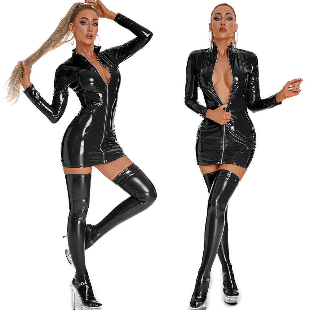 Women’s Zipper Wet Look Shiny PVC Leather Cocktail Party Club Bodycon Mini Dress