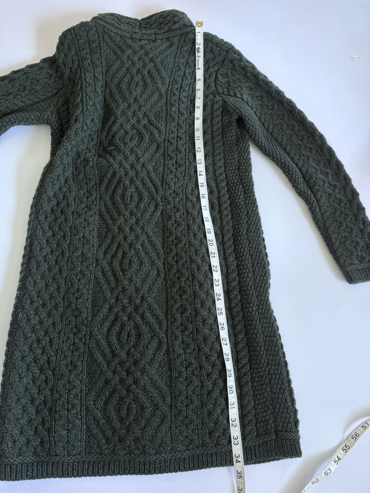 Aran Crafts merino wool cardigan Sweater Coat Side Zip Long Green Small