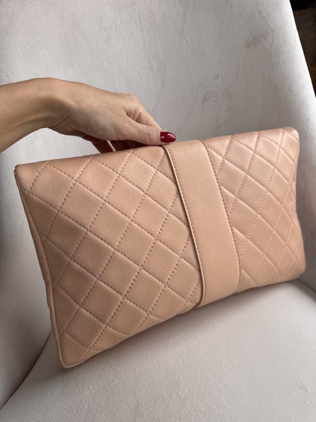 CHANEL Beige Quilted CC Logo Buckle Clutch Silver Hardware Inner Zipper