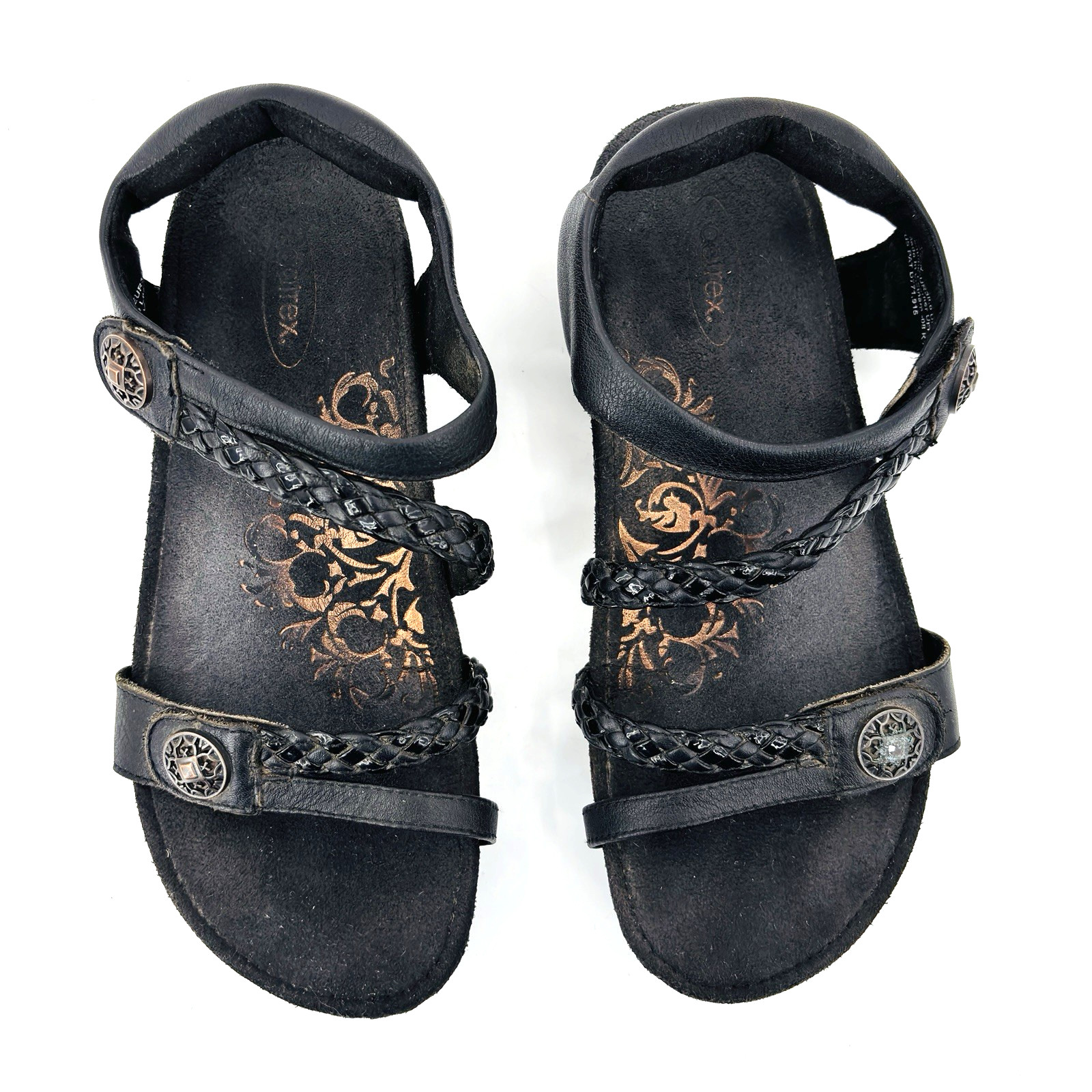 Womens 8 Aetrex Jillian Black Leather Wedge Sandals Braided Slingback SC450W