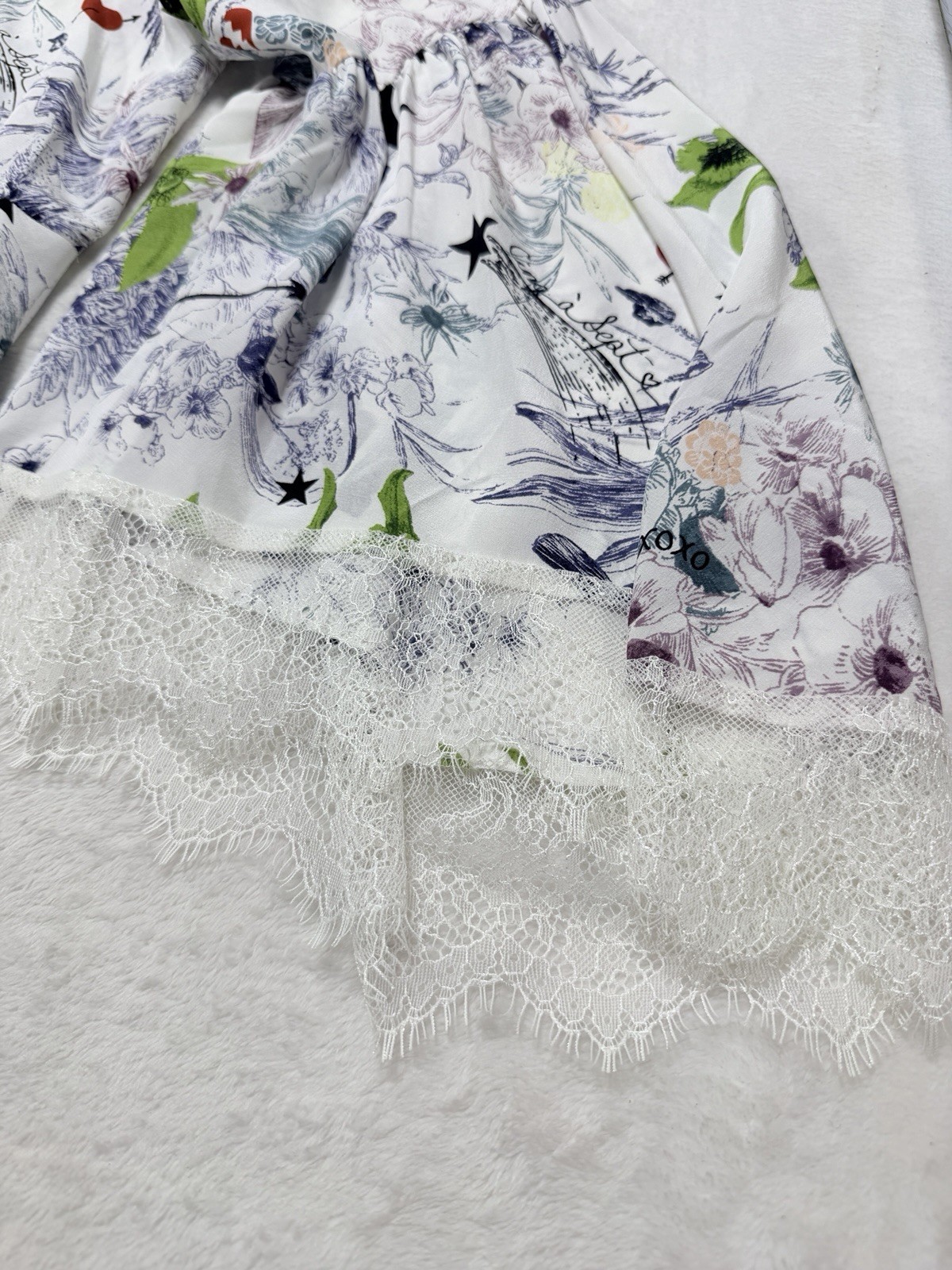 Cinq a Sept 100% Silk Celestial Floral Peplum Blouse M White Lace Trim Top