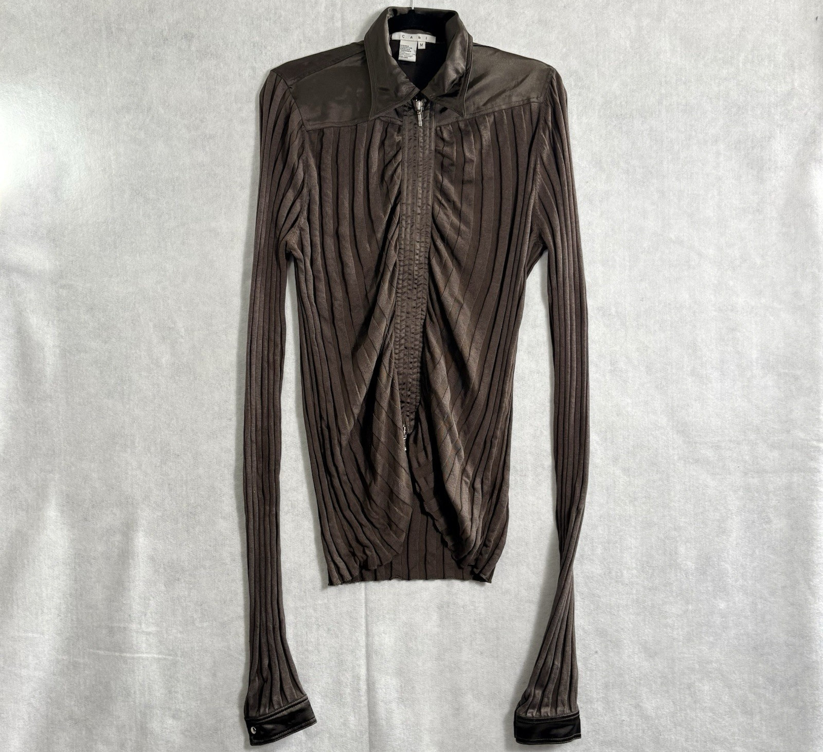 CABI Women Navigator Ribbed Silk Blend Slim Full Zip Cardigan Sz M Brown hb-33
