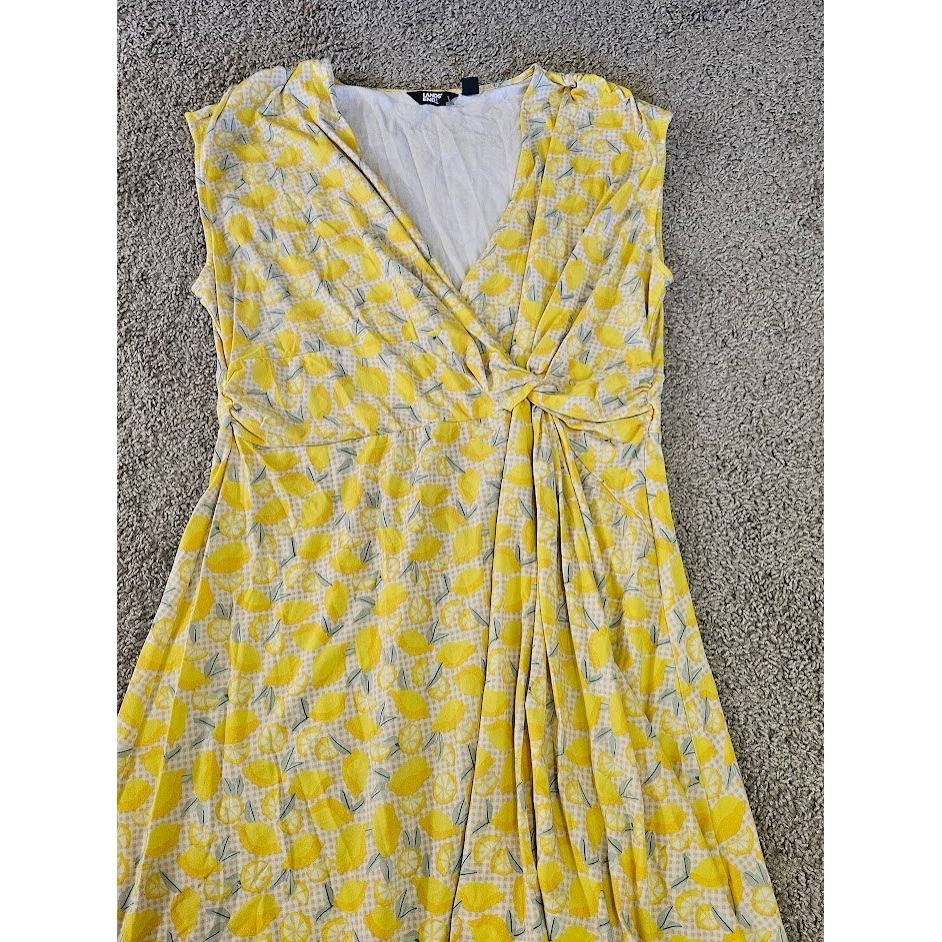 Lands End Twist Front Dress Women 2X Yellow Sleeveless Lemon Citrus Print
