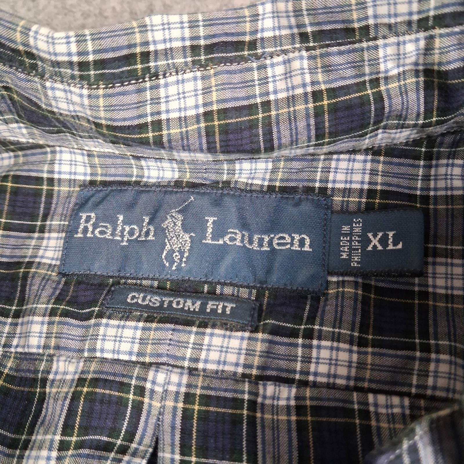 Ralph Lauren Button Down Shirt Mens XL Navy Blue Plaid Custom Fit Cotton
