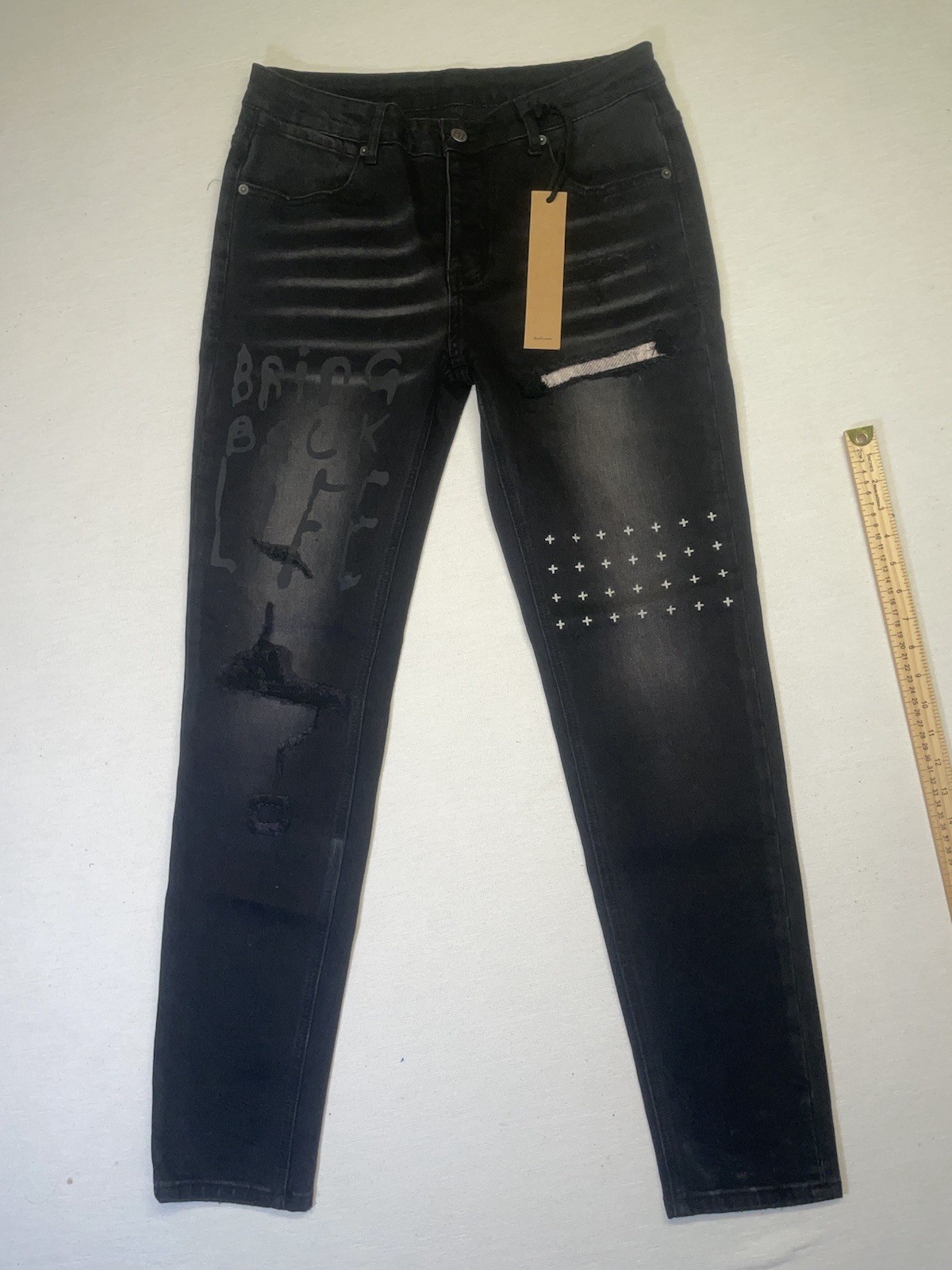 NEW Ksubi Van Winkle Skinny Jeans Mens 32×30 Button Fly Black Distressed Denim