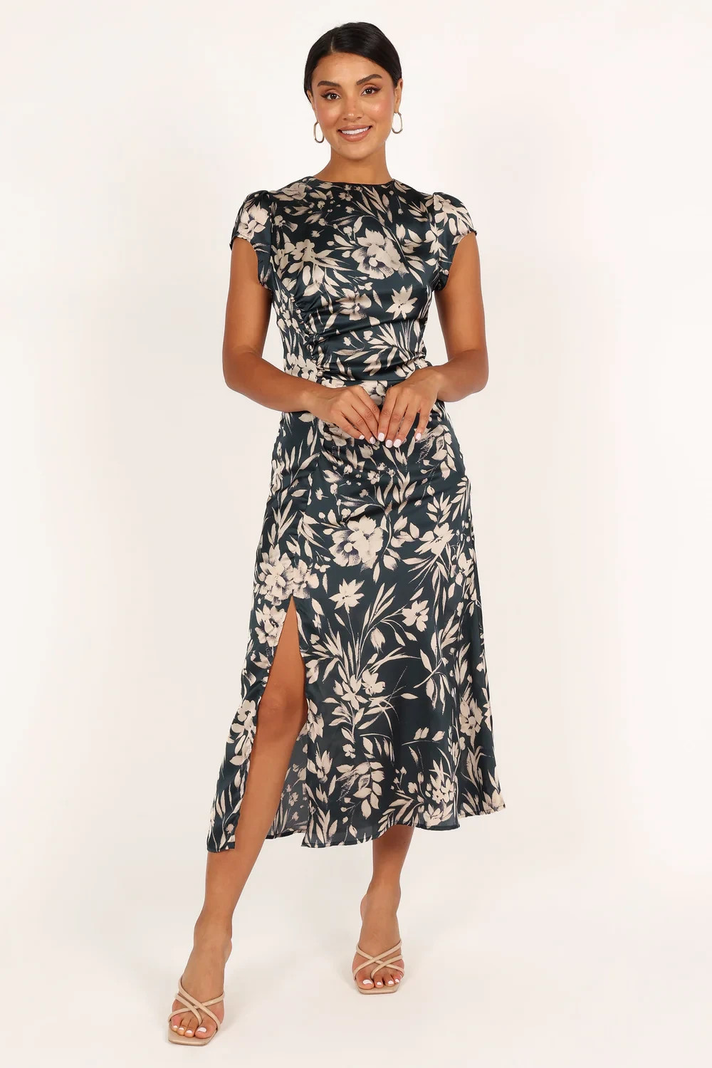 Petal&Pup Lisbeth Floral Cap Sleeve Satin Midi Dress Green Floral, New, Size S