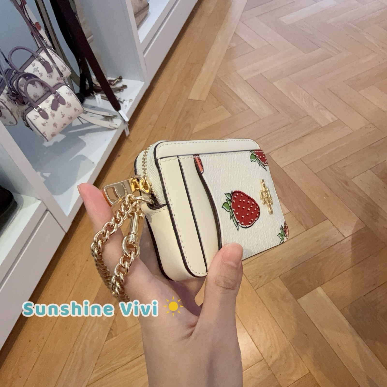 NWT Coach Zip Card Case With Strawberry Print Gold/Chalk Multi Car32