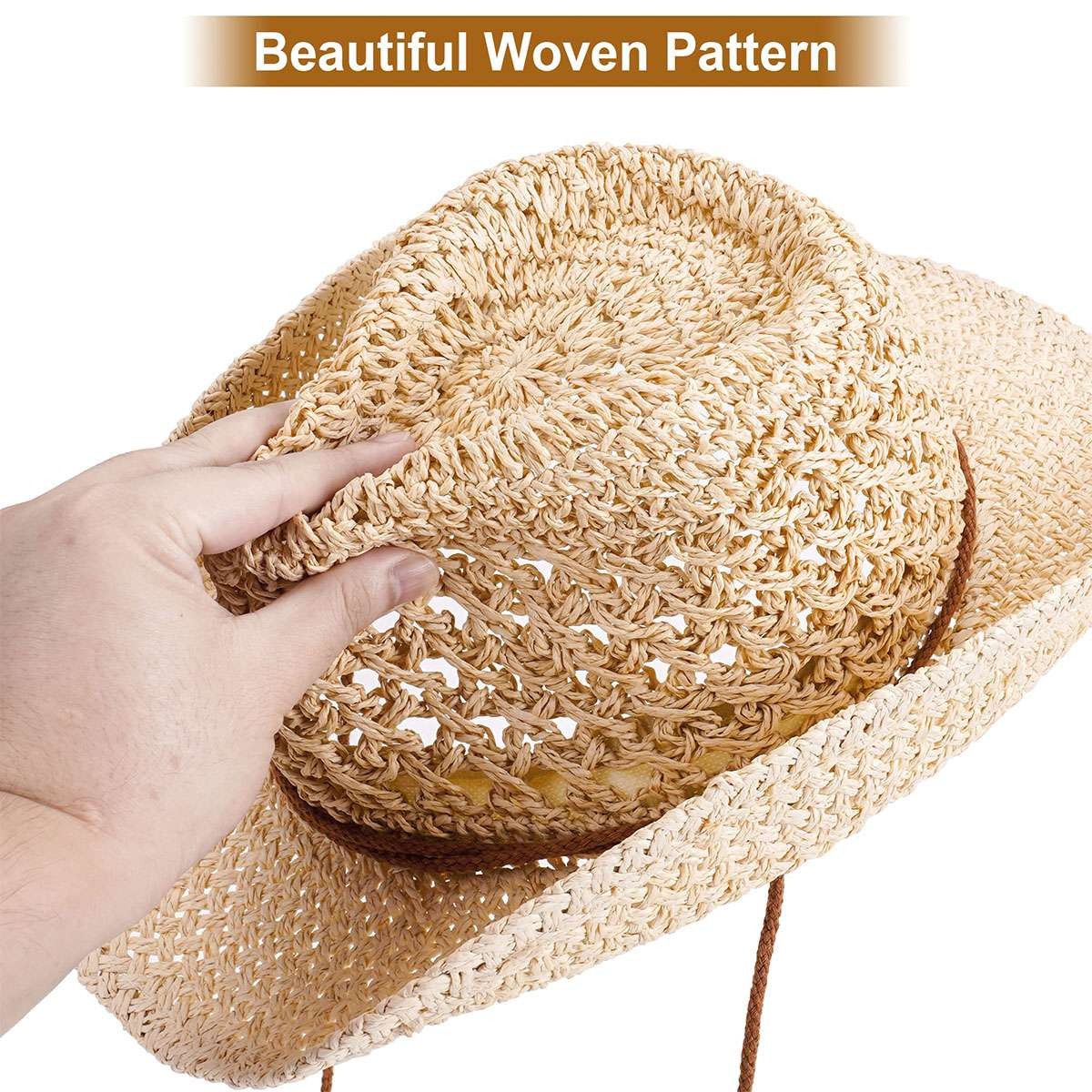 Women Men Western Cowboy Hat Straw Shapeable Wide Brim Cowgirl Summer Beach Hat
