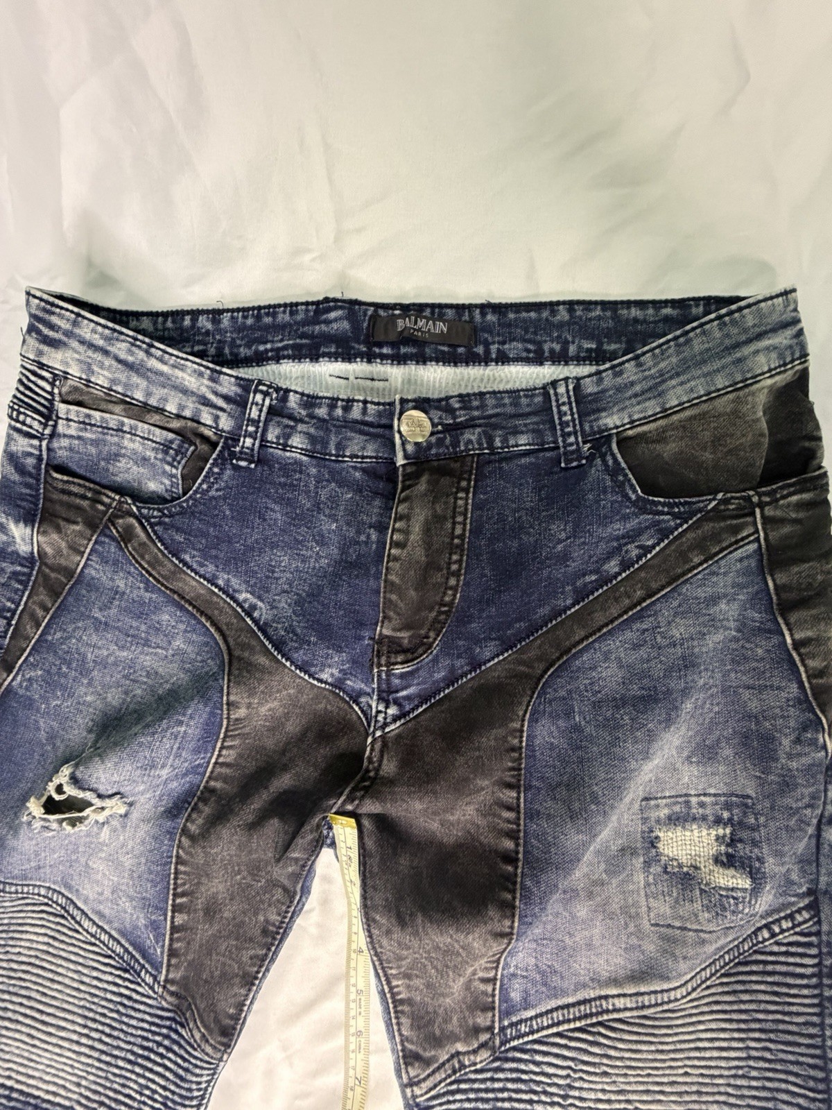Balmain Paris Men’s Blue/Black Distressed Slim Tapered Biker Denim Jeans