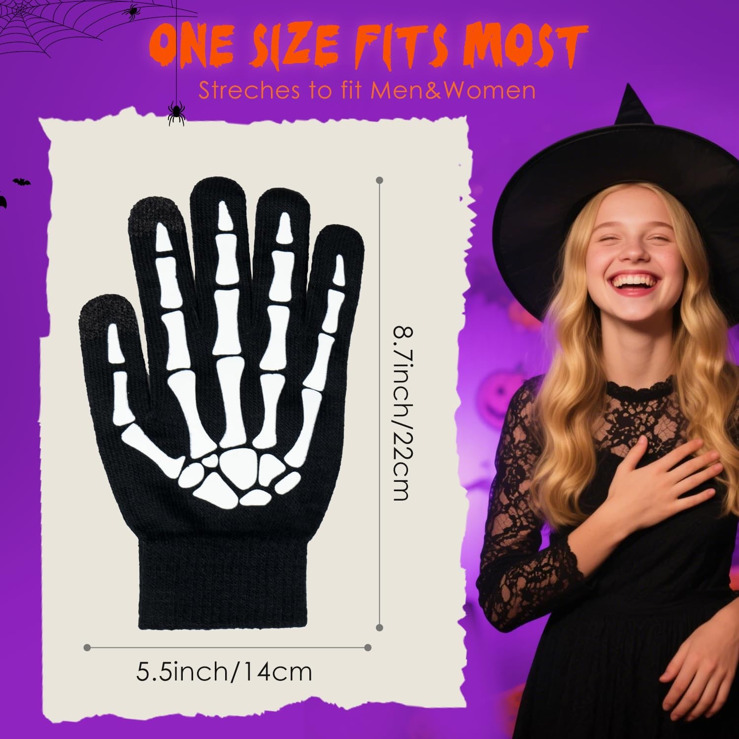 CROSSFINGERS Skeleton Gloves Glow in the Dark Large, Full Finger-adult