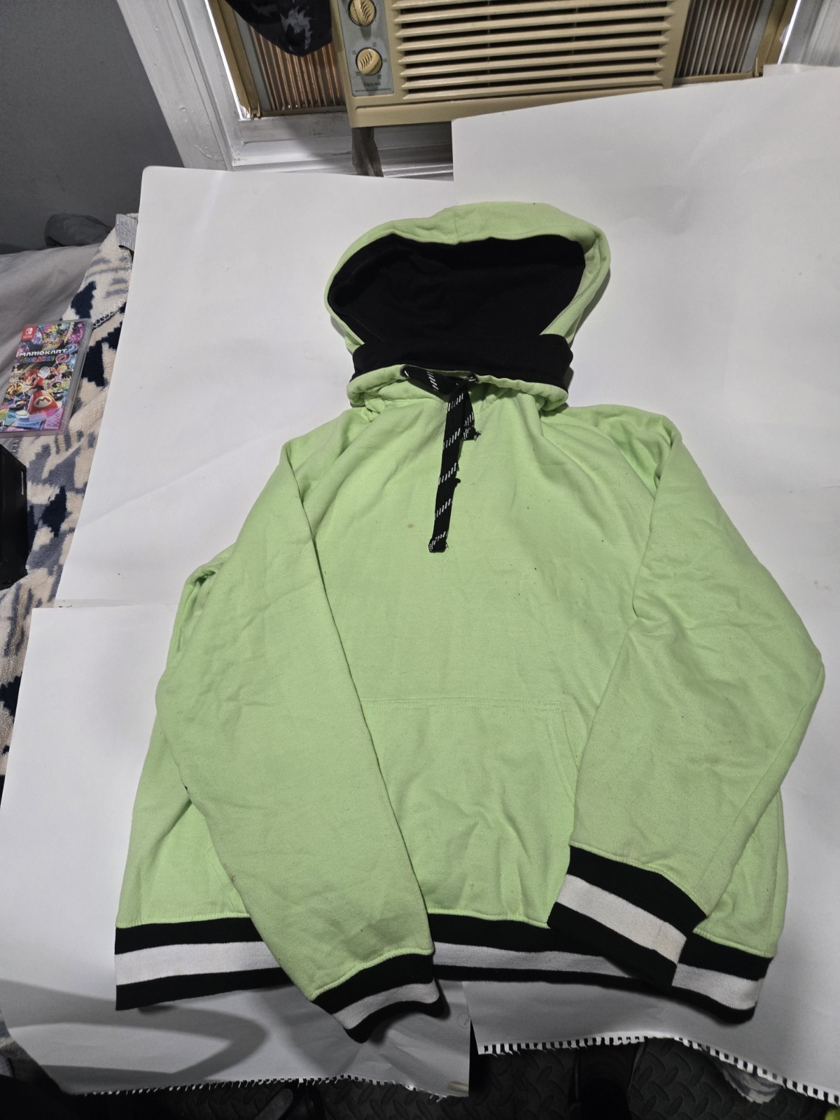 Women’s L Green Pullover Hoodie Half-Zip Hooded Cotton Knit Black/White