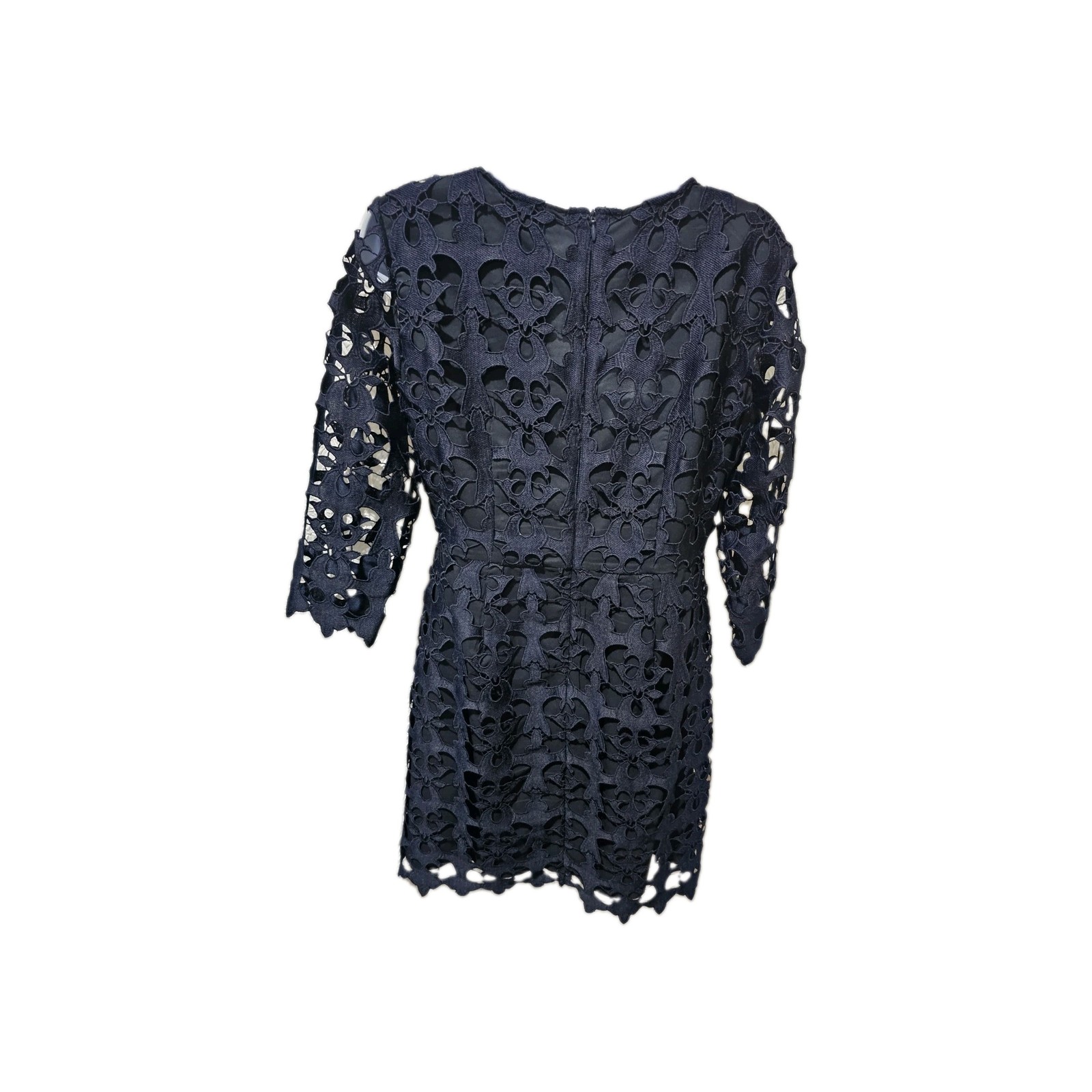 LOFT Navy Blue Damask Crochet Lace Sheath Dress Sz 4 3/4 Sleeve Wedding Guest
