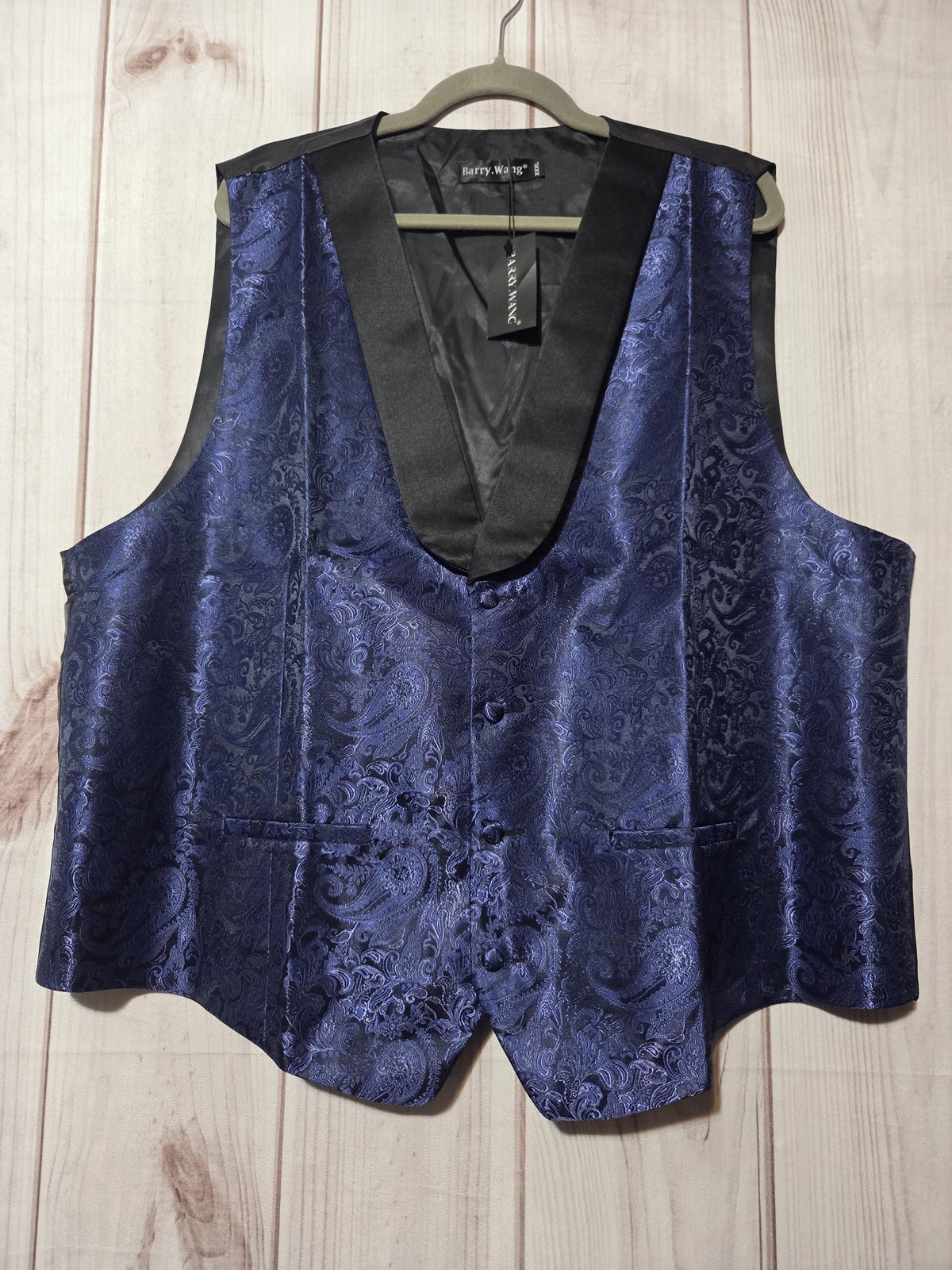 Barry Wang Suit Vest Mens 3XL Blue Paisley Silk Blend Tuxedo Shawl Lapel Formal