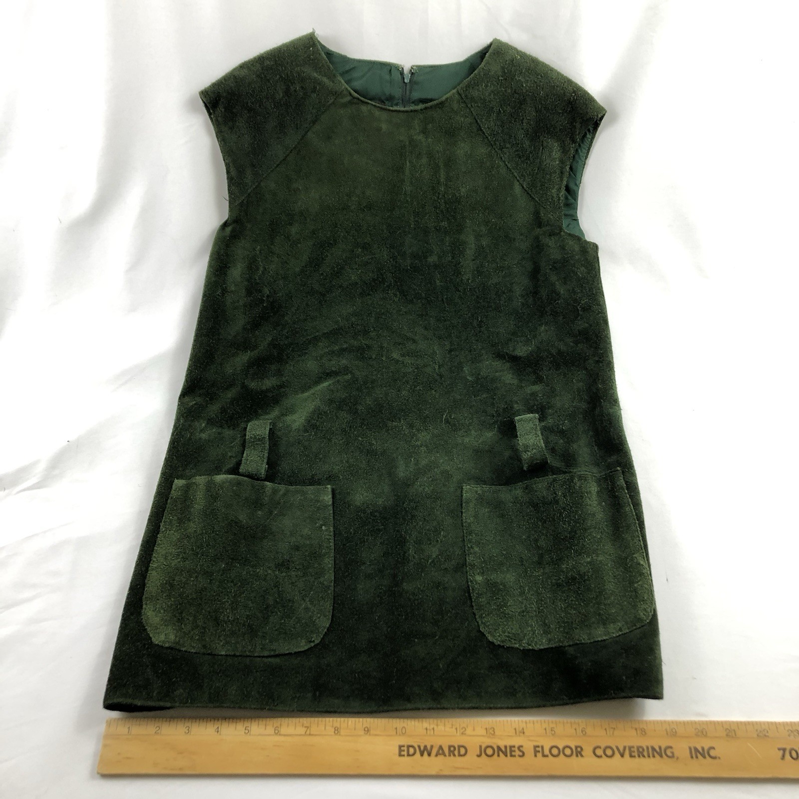 Anne Klein Vintage Green Suede Leather Mod Shift Dress Size 12 60s 70s Pockets