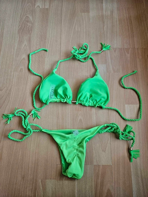 Shein Ribbed Fabric Handwoven Tassel Halter Neck Neon Green Lime Bikini Set