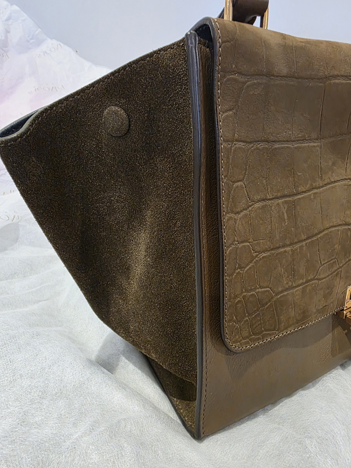 Auth CELINE Croc Leather Suede Trapeze Bag Olive Khaki Top Handle Pristine