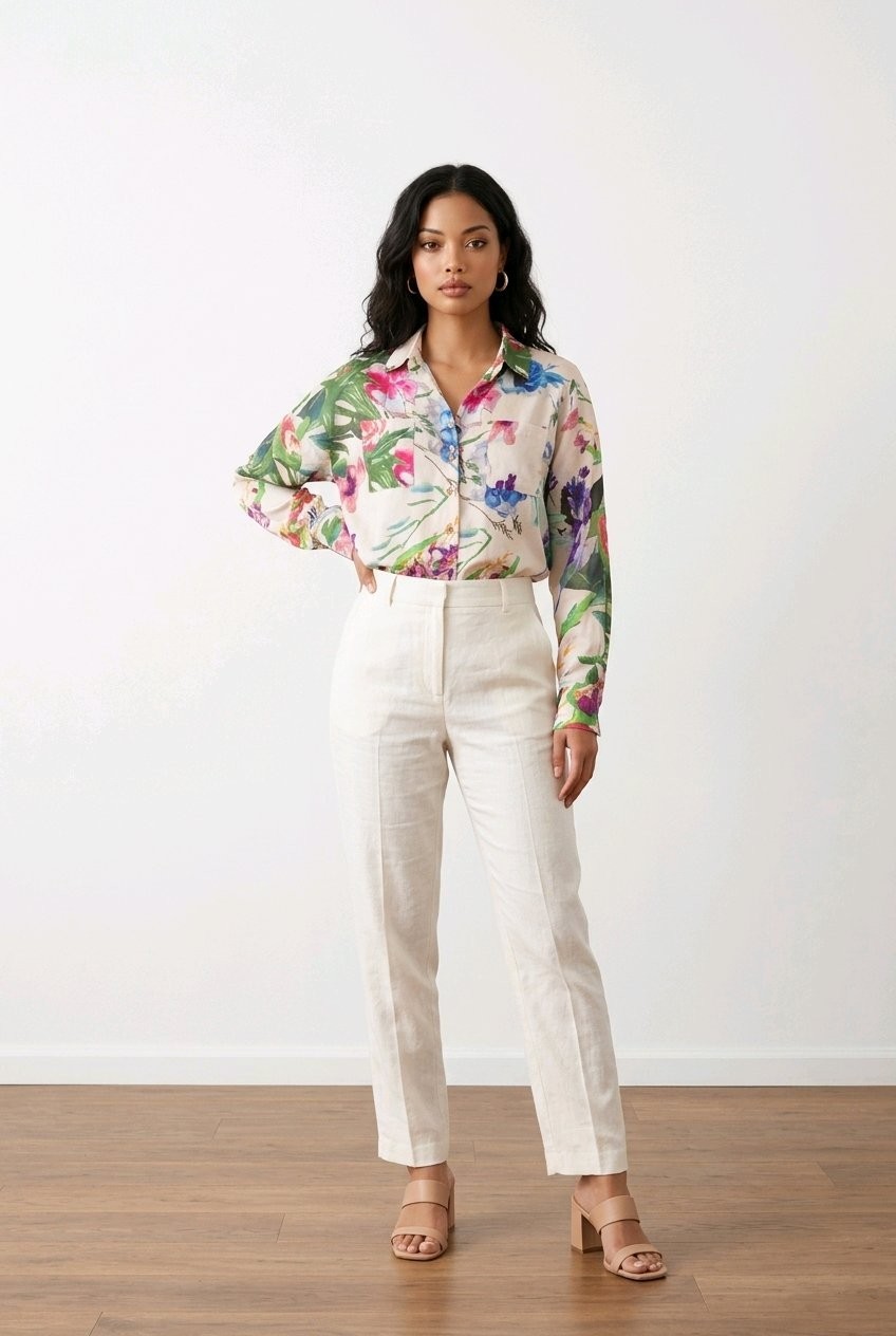 Ces Femme Vibrant Floral Bohemian Button Front Cuffs Front Pockets Collared