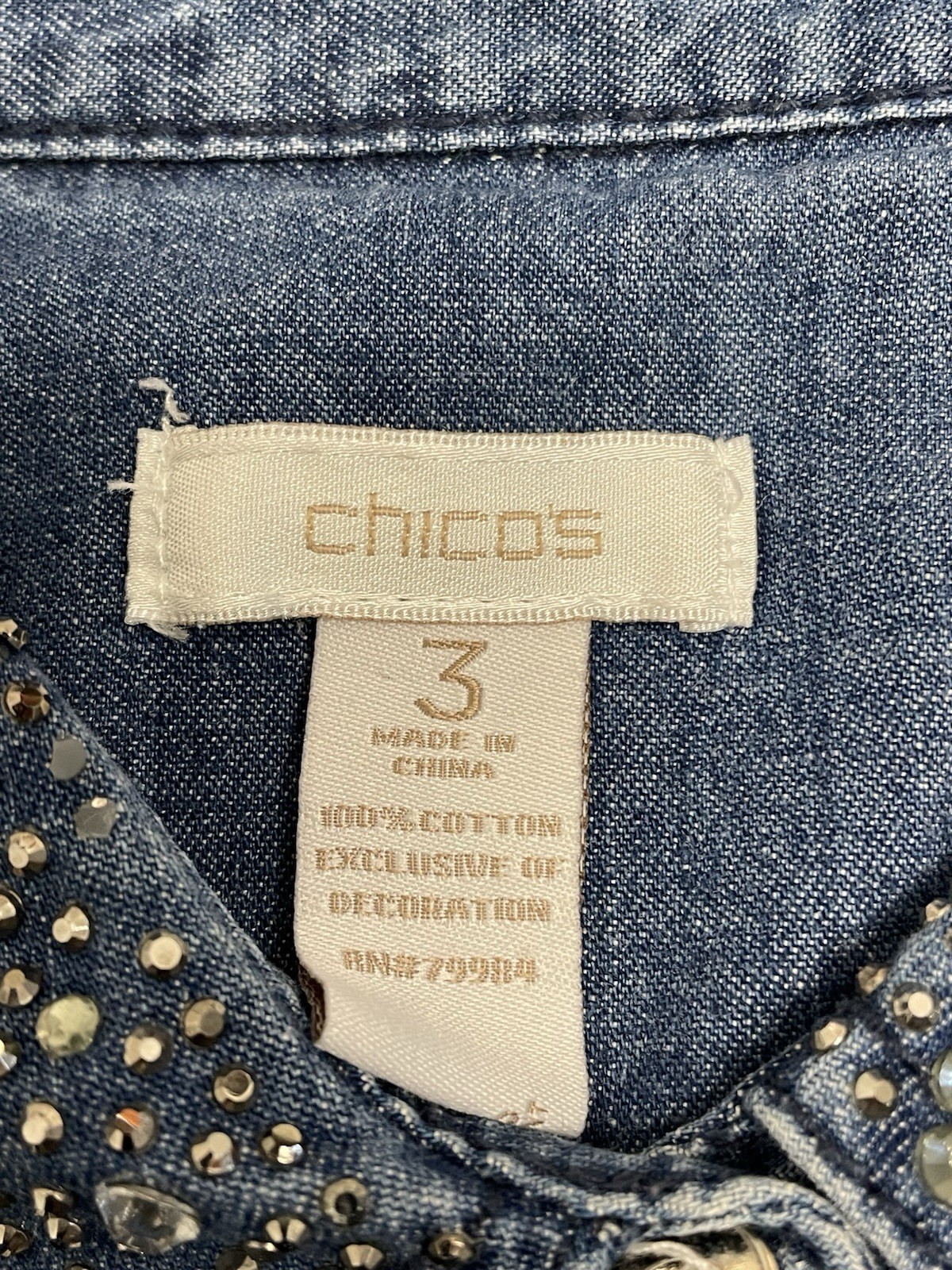 Chico’s- Sz. XL-3 Western Denim Button-Up Shirt Bling Beaded Beaded Collar