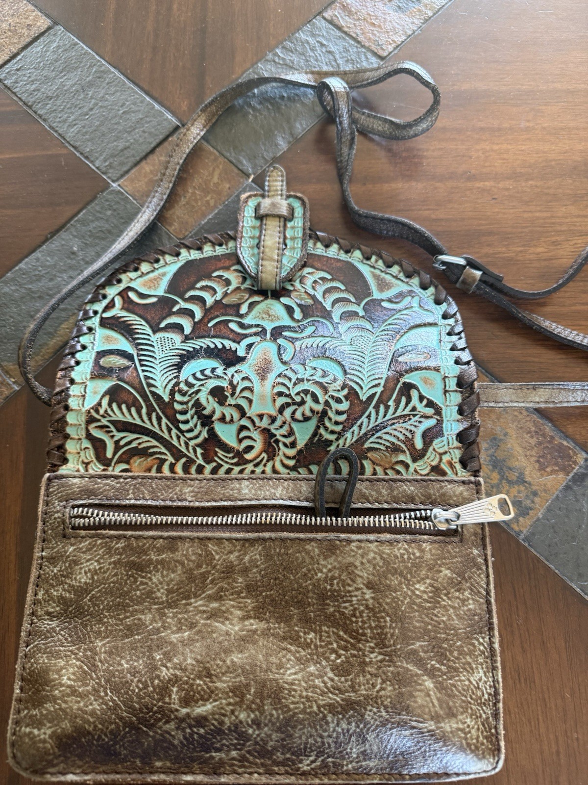 Patricia Nash Tooled Leather Turquoise Crossbody Organizer Bag Western Purse